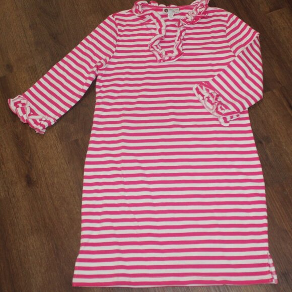 NWT Womens Smockadot Kids Fuchsia Pink White Stripe Knit Ruffle Neck Dress sz XS - Picture 1 of 3
